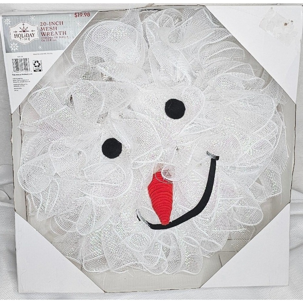 Holiday Time Snowman Mesh Wreath 20in White Iridescent Christmas Decor